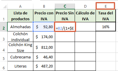 Cómo calcular el IVA en Excel de manera inversa paso 3