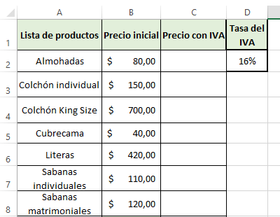Cómo calcular el precio con IVA en Excel directamente paso 1