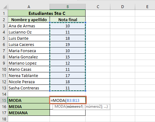 Como calcular la moda, media y mediana en Excel paso 2