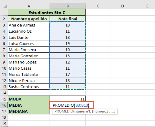 Como calcular la moda, media y mediana en Excel paso 3