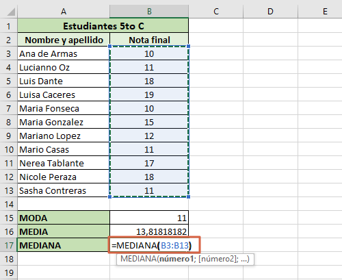 Como calcular la moda, media y mediana en Excel paso 4