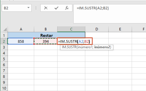 Como restar en Excel usando la funcion IM.SUSTR
