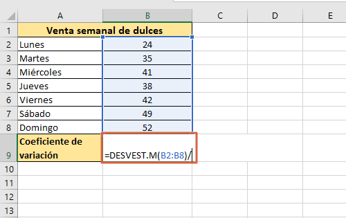 Como calcular el coeficiente de variacion en Excel paso 2