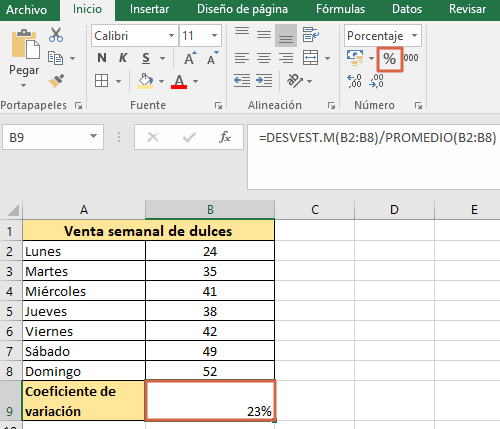 Como calcular el coeficiente de variacion en Excel paso 4