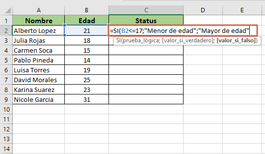 Como utilizar la formula menor o igual en Excel usando la funcion SI paso 3