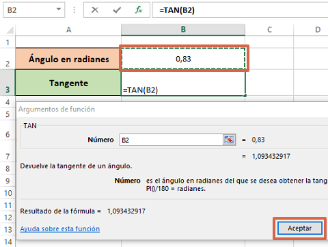 Cómo utilizar la función tangente en Excel (TAN) usando fórmula paso 5