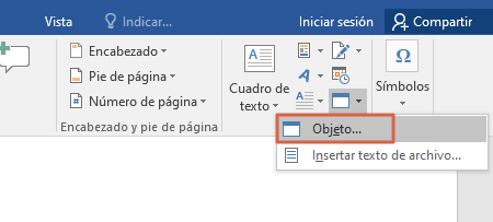 Insertar archivos de Excel en Word con la opcion Insertar. Paso 2