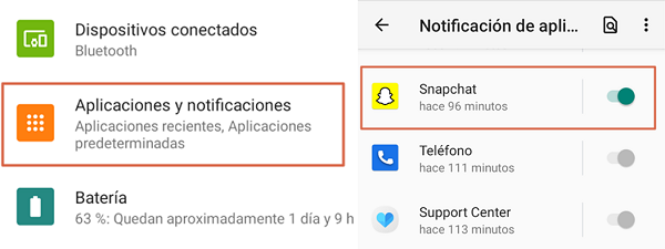 Activar las notificaciones de Snapchat. Paso 1 y 3
