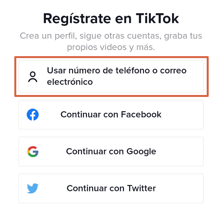 Crear una cuenta de TikTok desde el movil usando numero de telefono o correo electronico - Paso 2