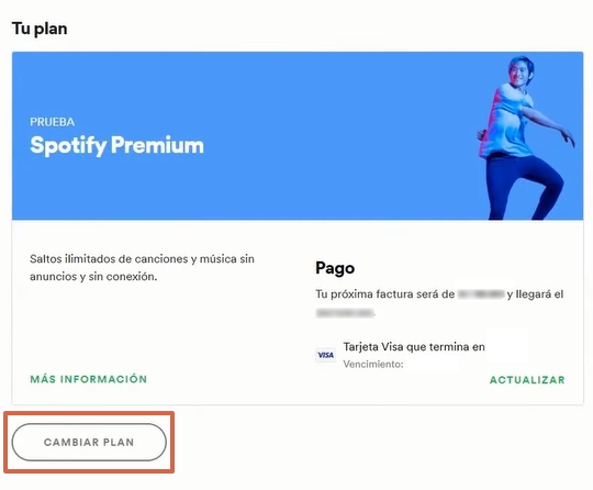 Como cambiar de plan Premium de Spotify si tienes un plan individual o para estudiantes