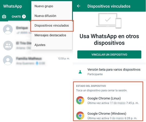 Como recuperar una sesion de WhatsApp Web cerrada accediendo al historial de dispositivos vinculados
