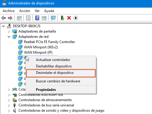 Desinstala el controlador de la red para solucionar el error no es posible conectarse a esta red en Windows 10