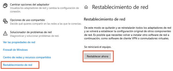 Restablece la red para solucionar el error no es posible conectarse a esta red en Windows 10
