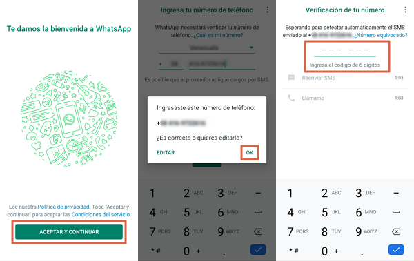 Como activar WhatsApp sin codigo de verificacion por medio de un SMS. Paso 1, 2 y 3