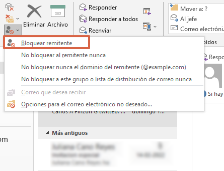 Como bloquear una direccion de correo en Hotmail (Outlook) desde la app de escritorio paso 3