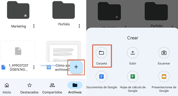 Cómo crear una carpeta en Google Drive desde el móvil paso 2 y 3