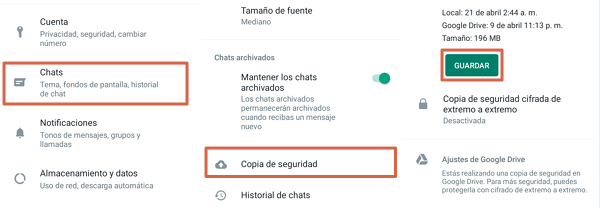 Crear una copia de seguridad de WhatsApp en Google Drive - Pasos 3, 4 y 5