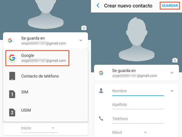 Guardar contactos del teléfono en Gmail - Pasos 3 y 6