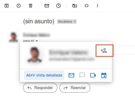 Como agregar o anadir contactos en Gmail desde un correo recibido. Paso 3