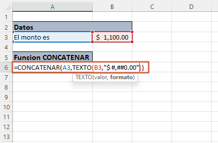 Como usar la funcion CONCATENAR en Excel combinada con la funcion TEXTO para precios paso 3