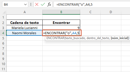 Como usar la funcion ENCONTRAR en Excel con num inicial