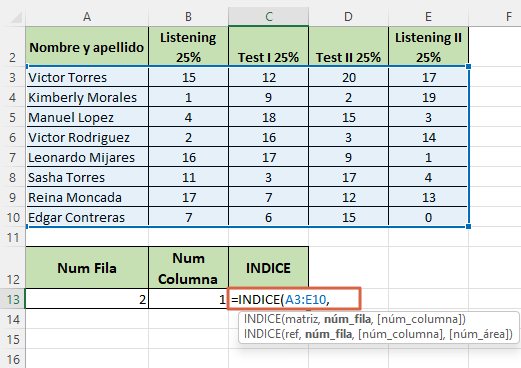 Como usar la funcion INDICE en Excel en forma de matriz paso 2