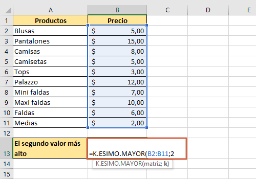 Como usar la funcion K ESIMO MAYOR en Excel paso 3
