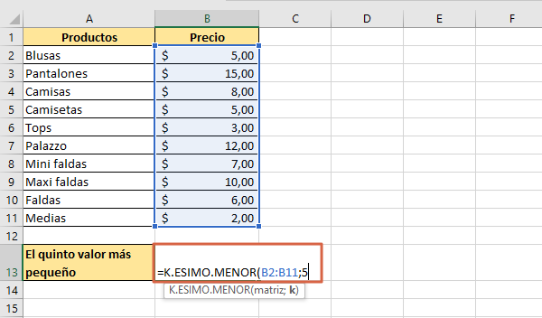 Como usar la funcion K ESIMO MENOR en Excel