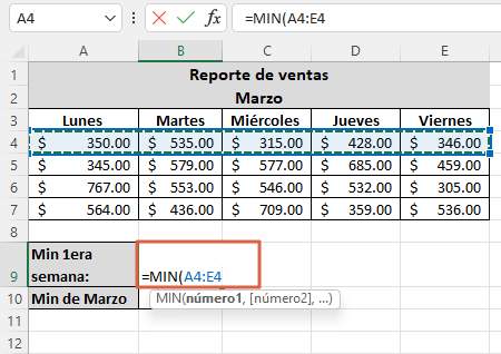 Como usar la funcion MIN en Excel con rango paso 2