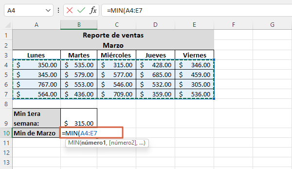 Como usar la funcion MIN en Excel con una matriz