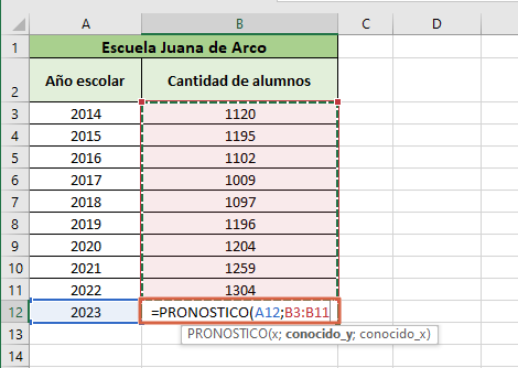 Como usar la funcion PRONOSTICO en Excel paso 3