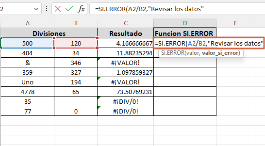 Como usar la funcion SIERROR en Excel paso 3