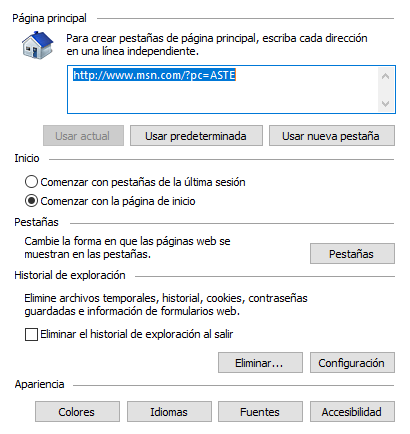 Opciones de Internet en Windows 10 - General