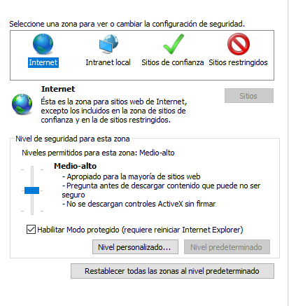 Opciones de Internet en Windows 10 - Seguridad