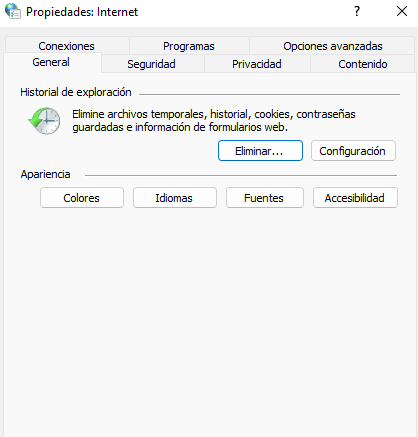 Opciones de Internet en Windows 11 - General